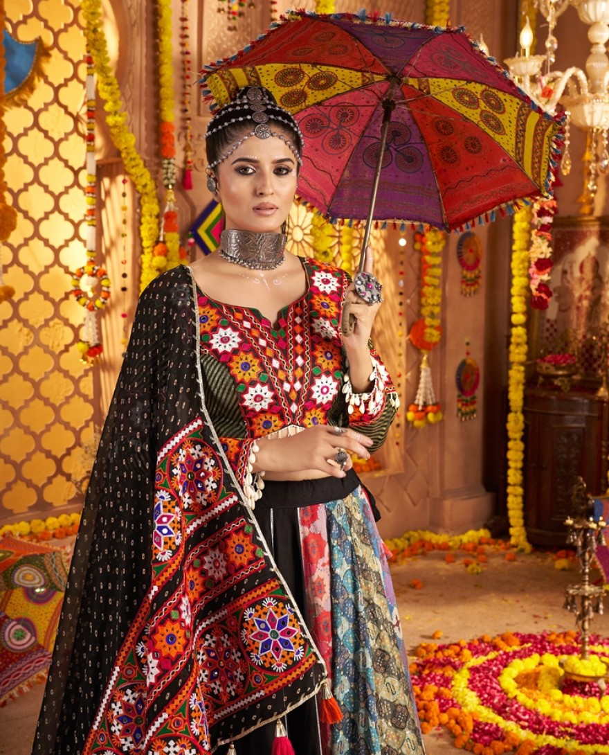 11002 - Regal Black Thread Embroidered Viscose Navratri Wear Lehenga Choli